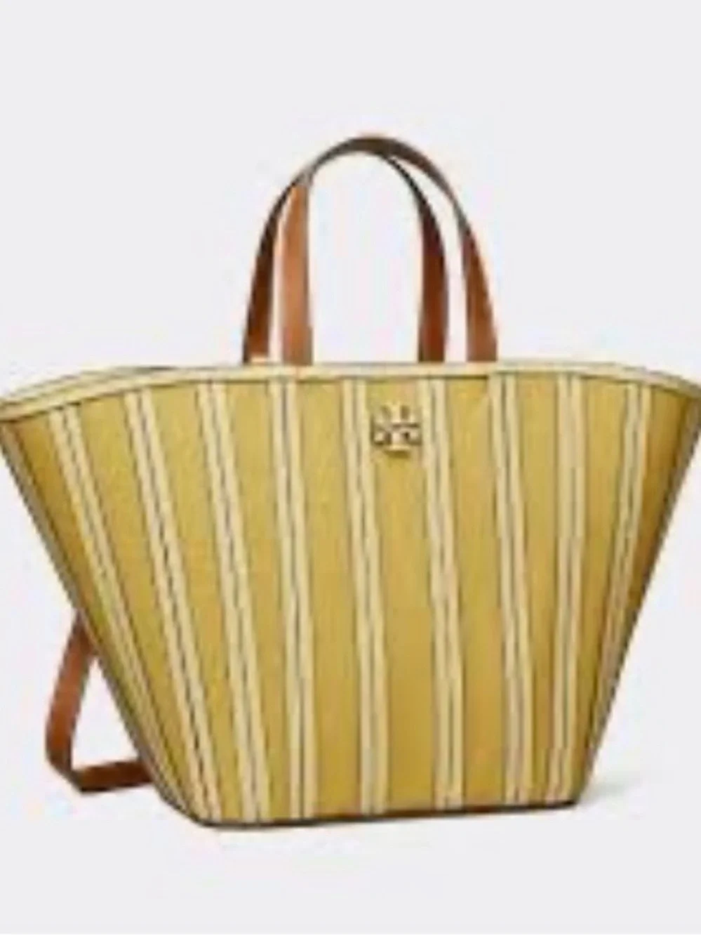 Tory Burch Mustard and Cream Striped Canvas Tote with Brown Handles